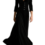 Celeste – Vintage Velvet Long Dress – Elegant Buttoned Swing Skirt with Lapel Detail