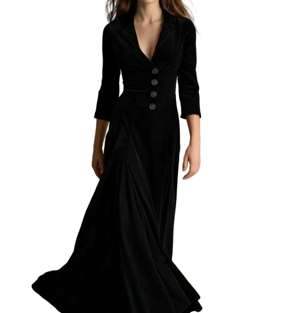 Celeste – Vintage Velvet Long Dress – Elegant Buttoned Swing Skirt with Lapel Detail