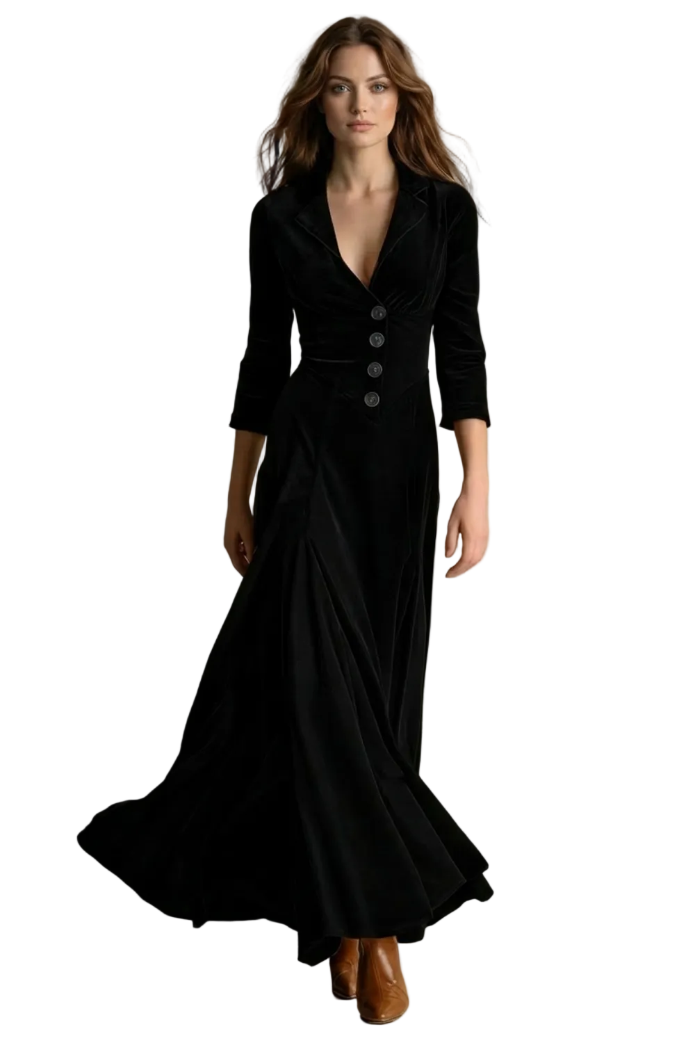 Celeste – Vintage Velvet Long Dress – Elegant Buttoned Swing Skirt with Lapel Detail