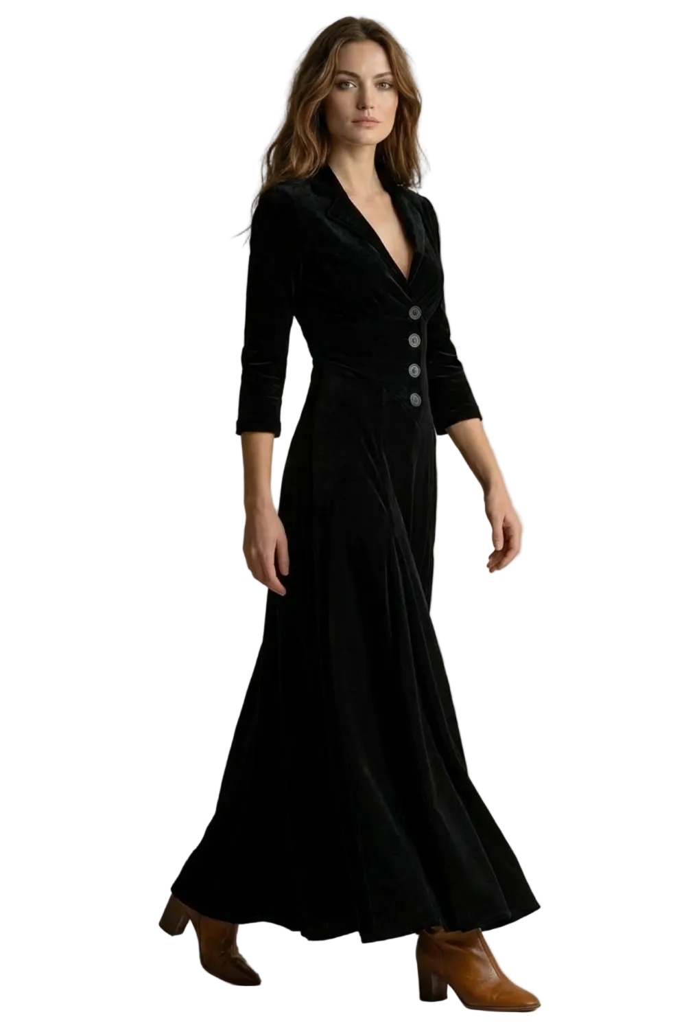 Celeste – Vintage Velvet Long Dress – Elegant Buttoned Swing Skirt with Lapel Detail