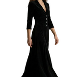 Celeste – Vintage Velvet Long Dress – Elegant Buttoned Swing Skirt with Lapel Detail