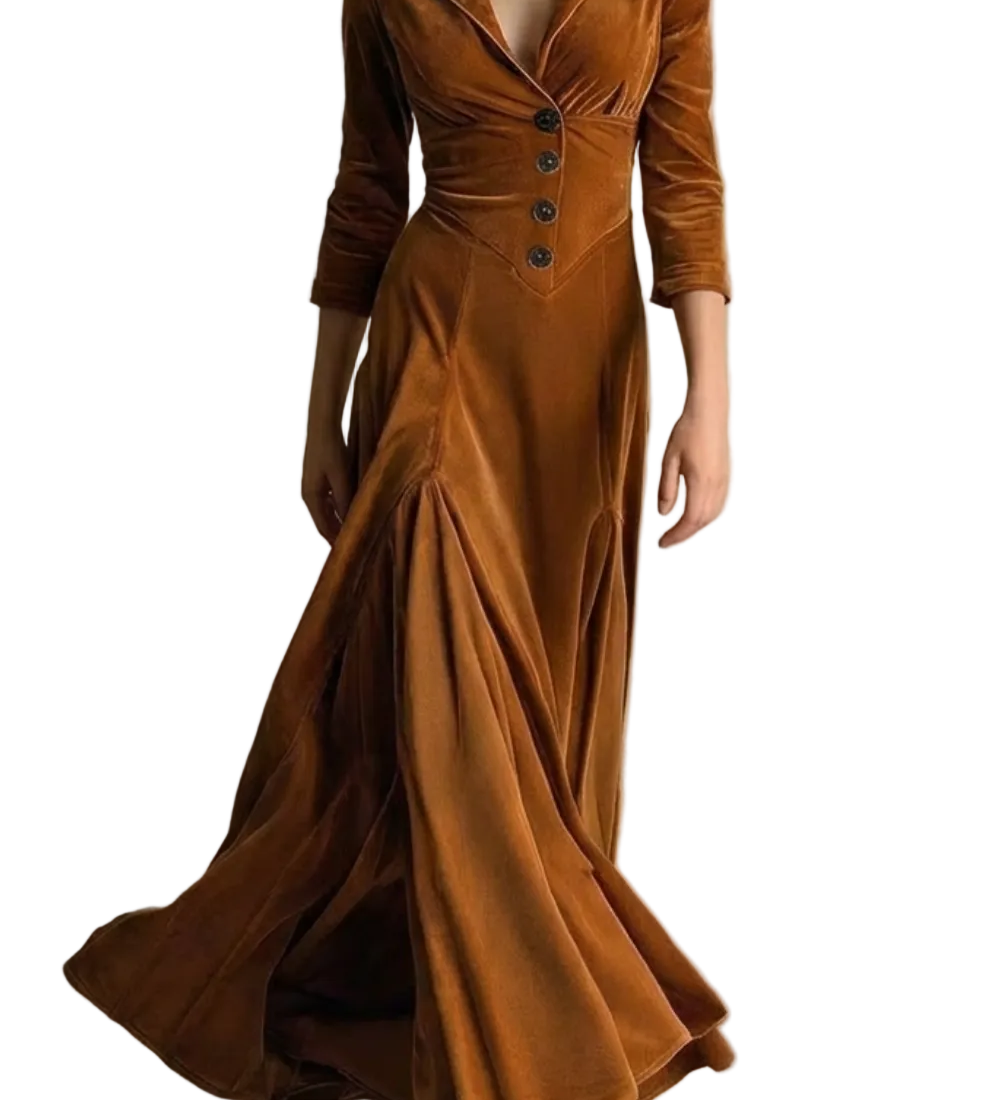 Celeste – Vintage Velvet Long Dress – Elegant Buttoned Swing Skirt with Lapel Detail