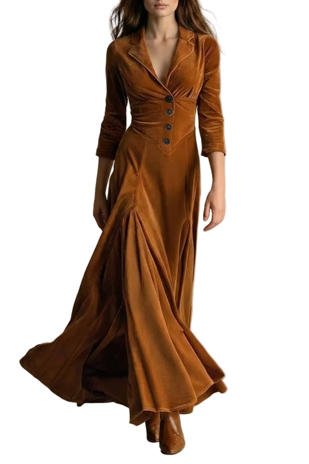 Celeste – Vintage Velvet Long Dress – Elegant Buttoned Swing Skirt with Lapel Detail