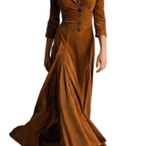 Celeste – Vintage Velvet Long Dress – Elegant Buttoned Swing Skirt with Lapel Detail