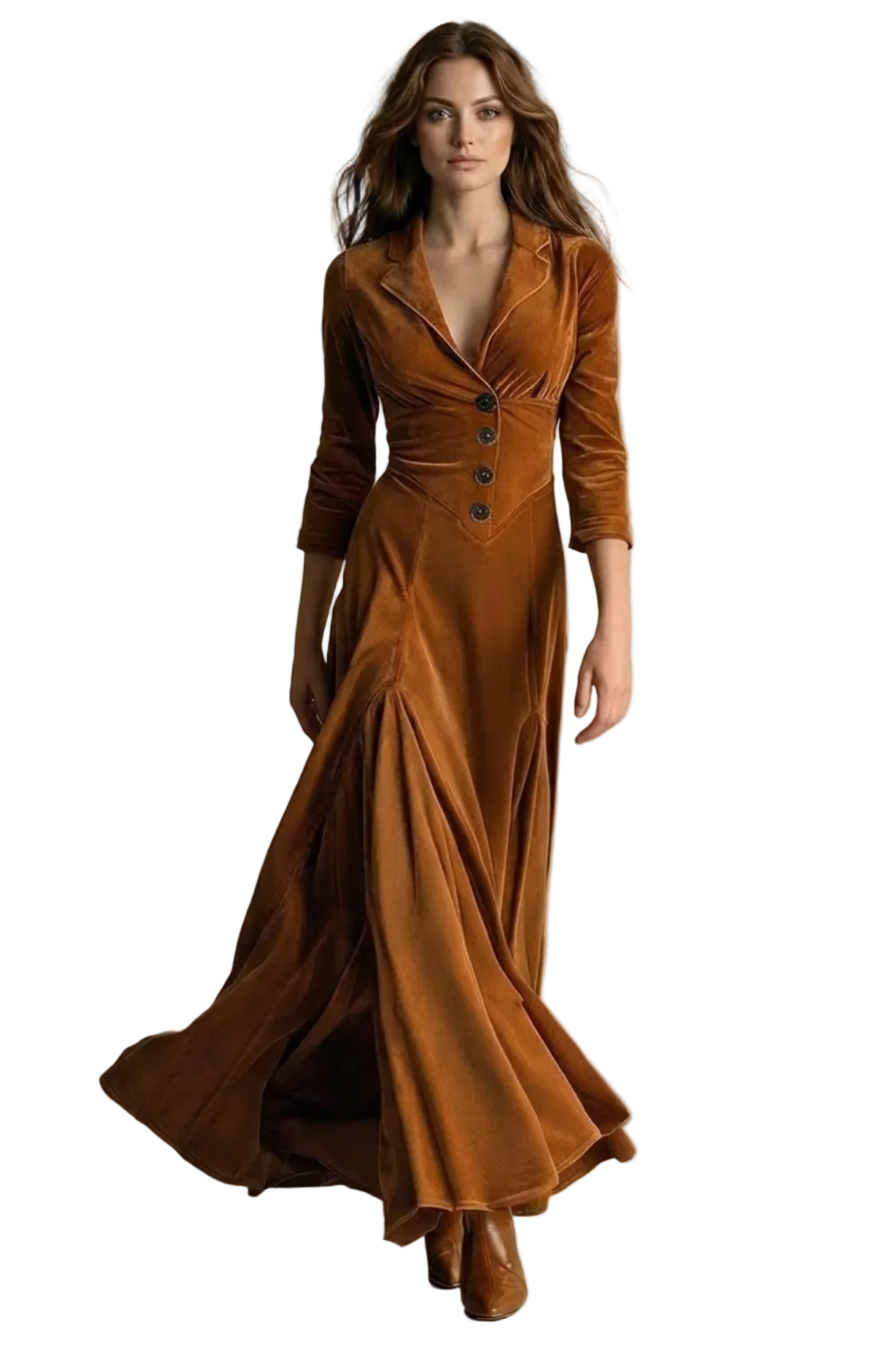 Celeste – Vintage Velvet Long Dress – Elegant Buttoned Swing Skirt with Lapel Detail