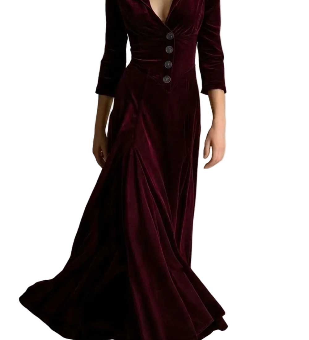 Celeste – Vintage Velvet Long Dress – Elegant Buttoned Swing Skirt with Lapel Detail