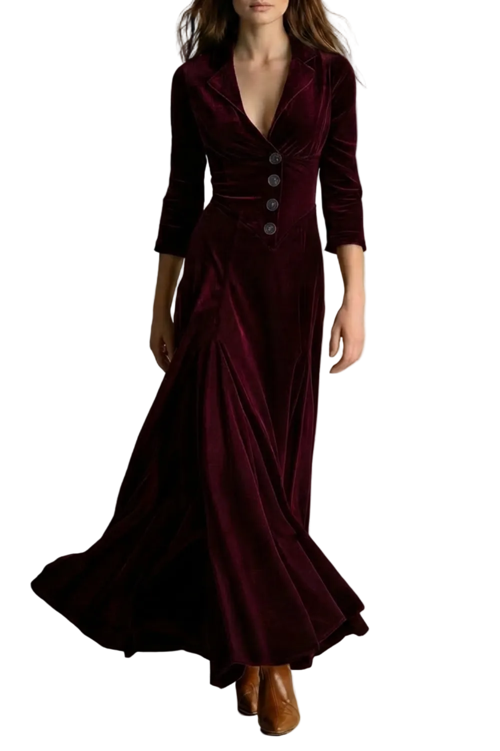 Celeste – Vintage Velvet Long Dress – Elegant Buttoned Swing Skirt with Lapel Detail