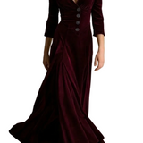 Celeste – Vintage Velvet Long Dress – Elegant Buttoned Swing Skirt with Lapel Detail