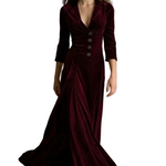 Celeste – Vintage Velvet Long Dress – Elegant Buttoned Swing Skirt with Lapel Detail