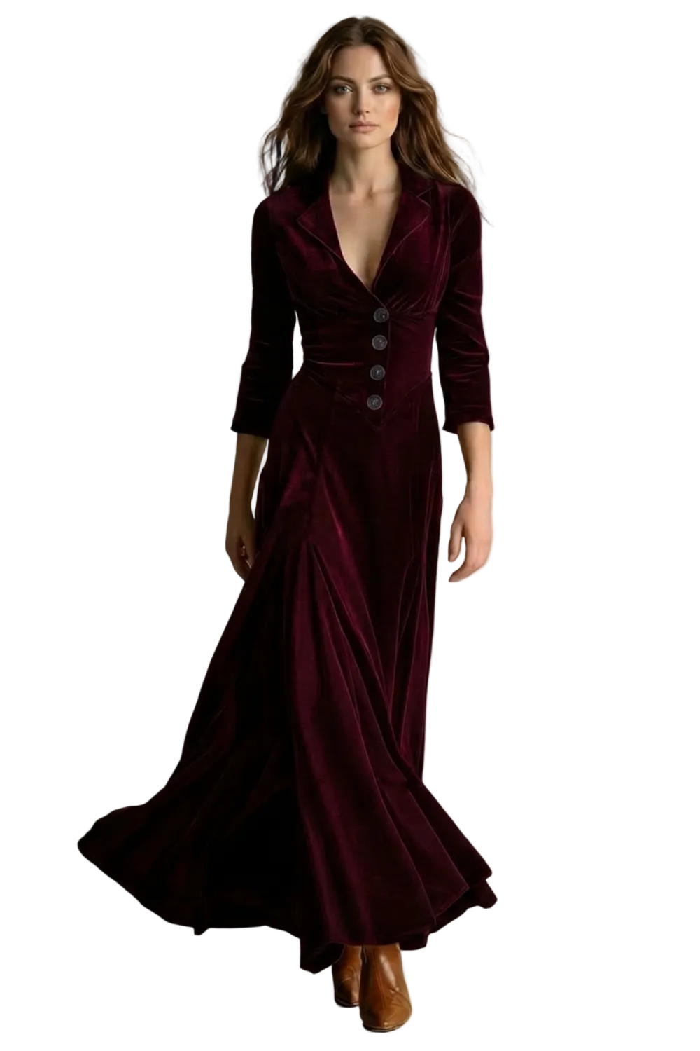 Celeste – Vintage Velvet Long Dress – Elegant Buttoned Swing Skirt with Lapel Detail