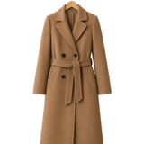 LONG WOMENS COAT WITH DOUBLE BUTTON FRONT AND BELTED WAIST