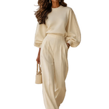 IVORY RIBBED CREW NECK TOP & HIGH-WAISTED WIDE-LEG PANTS SET