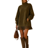 FAUX SUEDE TURTLENECK DRESS WITH FRINGE HEM