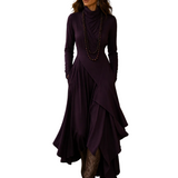 PURPLE HIGH-NECK ASYMMETRICAL PLEATED MAXI DRESS