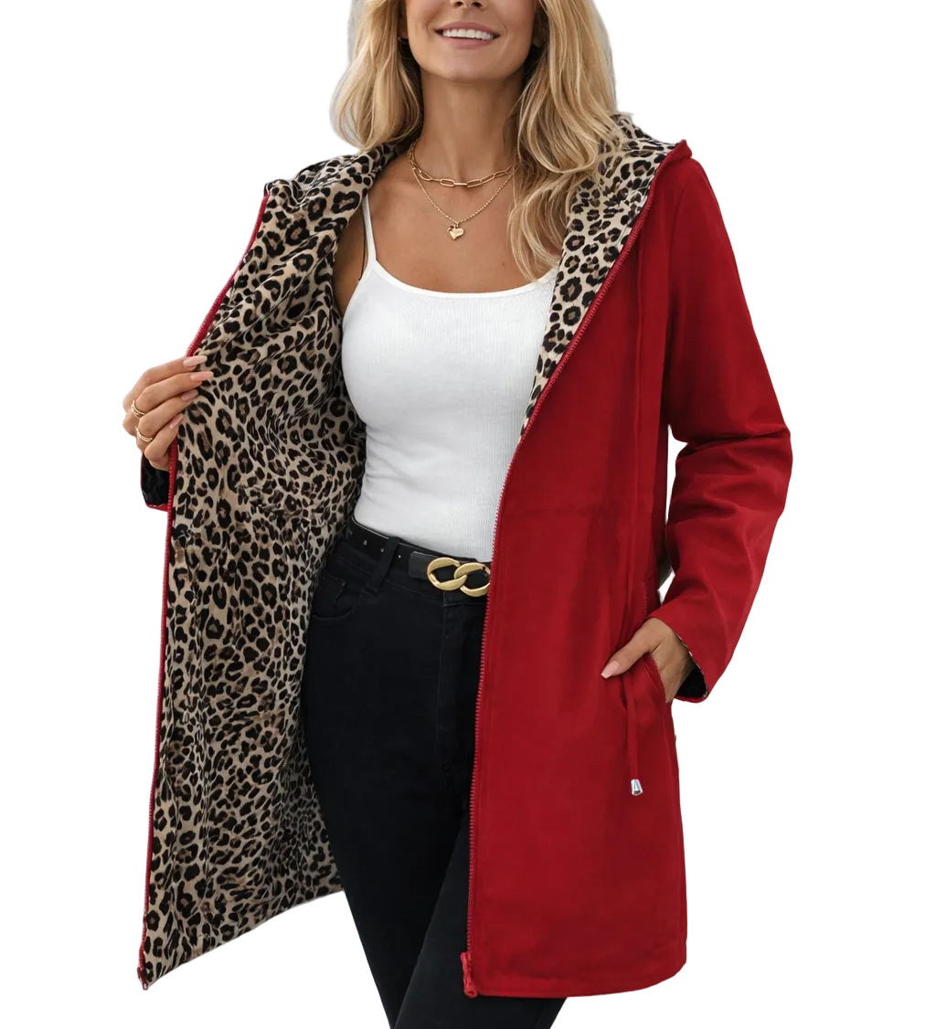 REVERSIBLE HOODED COAT WITH LEOPARD PRINT