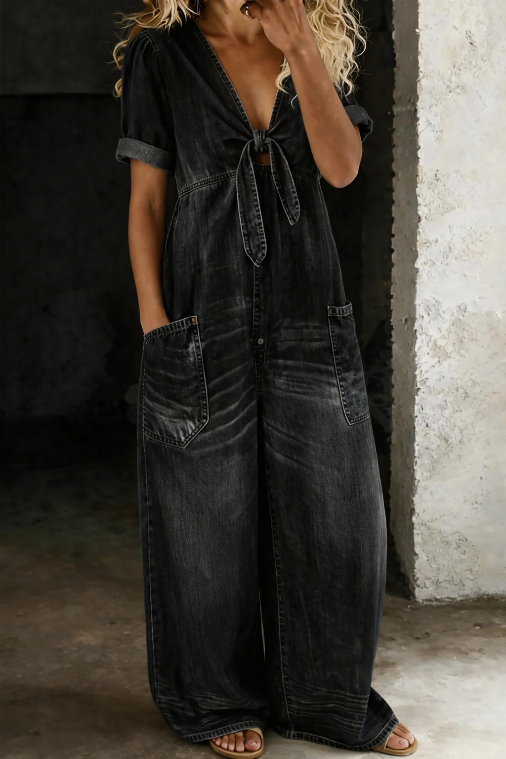 RELAXED TIE-FRONT DENIM JUMPSUIT