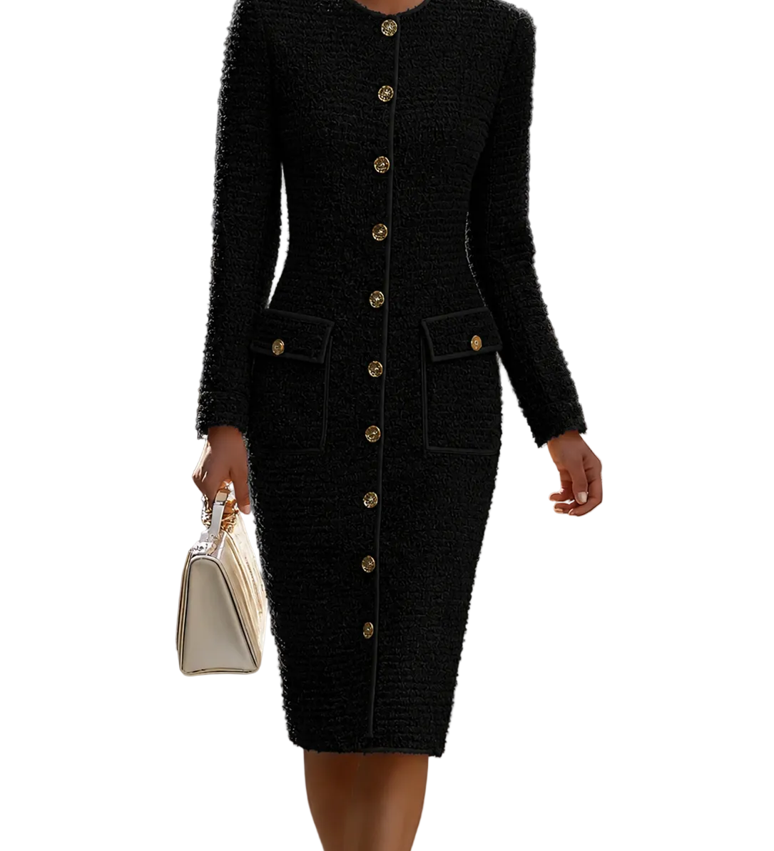 TWEED MIDI DRESS – BLACK BUTTON-DOWN