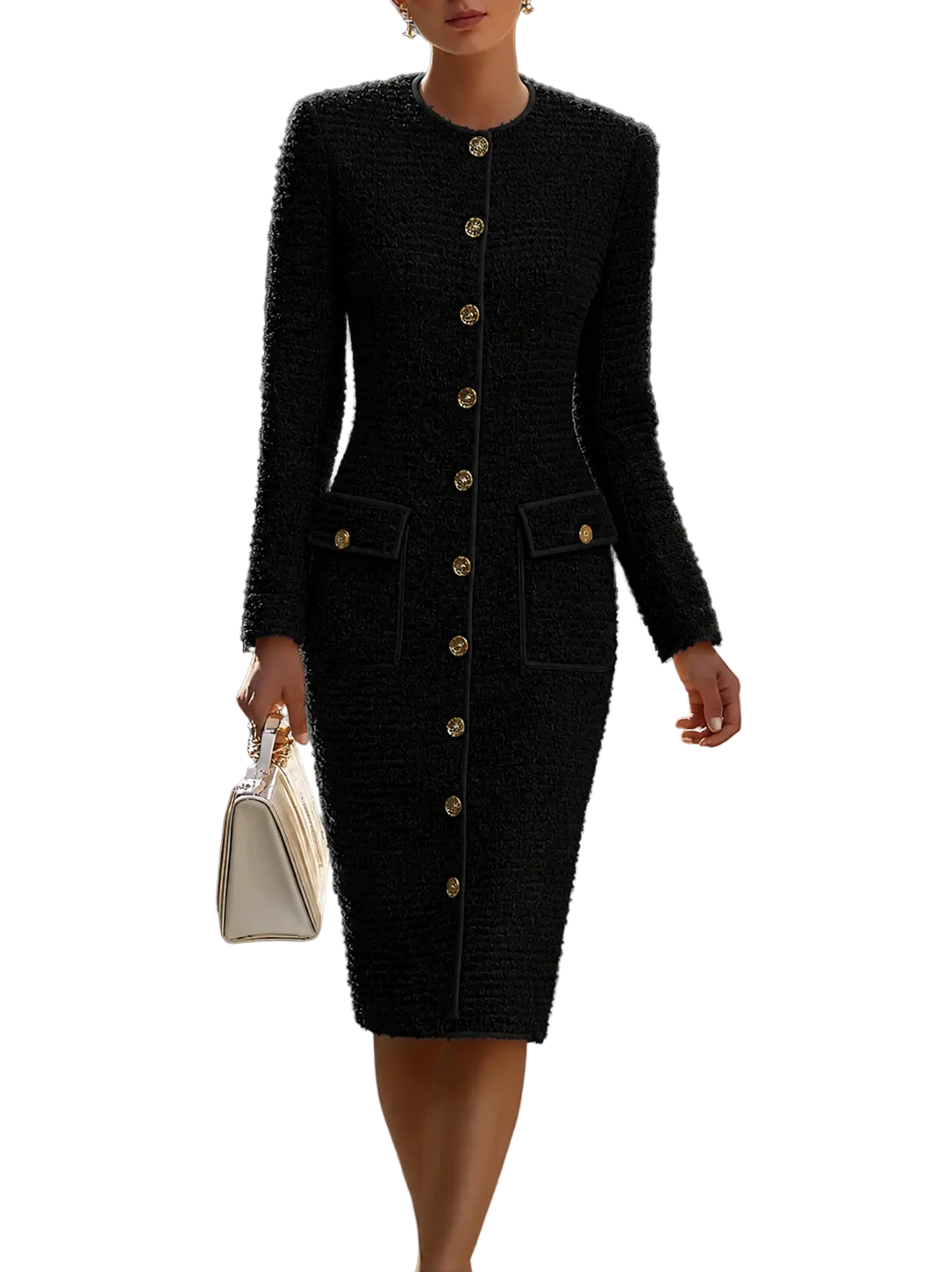 TWEED MIDI DRESS – BLACK BUTTON-DOWN