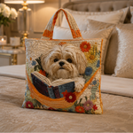 Quilted Tote Bag - Shih Tzu with Books and Flowers