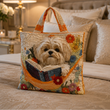 Quilted Tote Bag - Shih Tzu with Books and Flowers