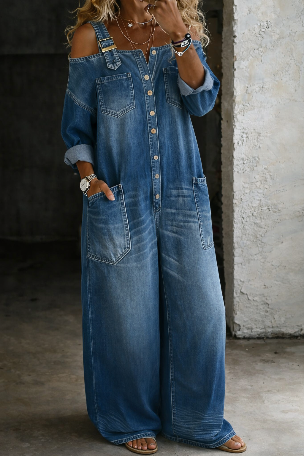 RELAXED WIDE LEG DENIM JUMPSUIT