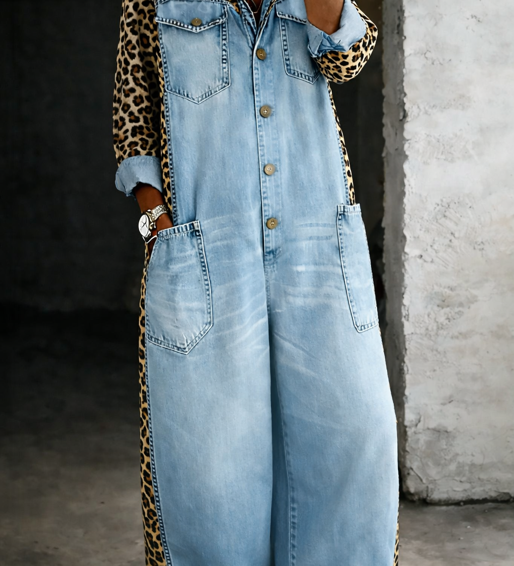 LEOPARD CONTRAST WIDE-LEG DENIM JUMPSUIT