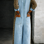 LEOPARD CONTRAST WIDE-LEG DENIM JUMPSUIT