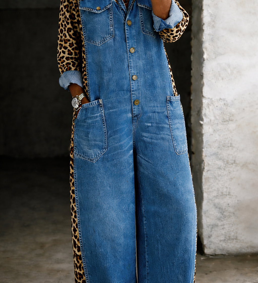 LEOPARD CONTRAST WIDE-LEG DENIM JUMPSUIT
