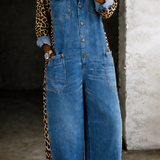 LEOPARD CONTRAST WIDE-LEG DENIM JUMPSUIT