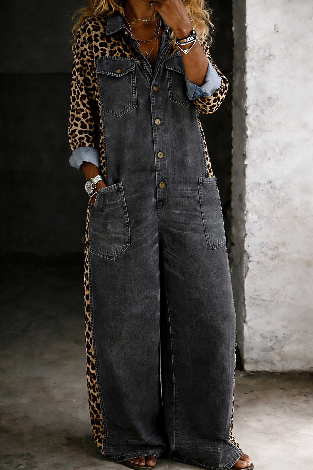LEOPARD CONTRAST WIDE-LEG DENIM JUMPSUIT