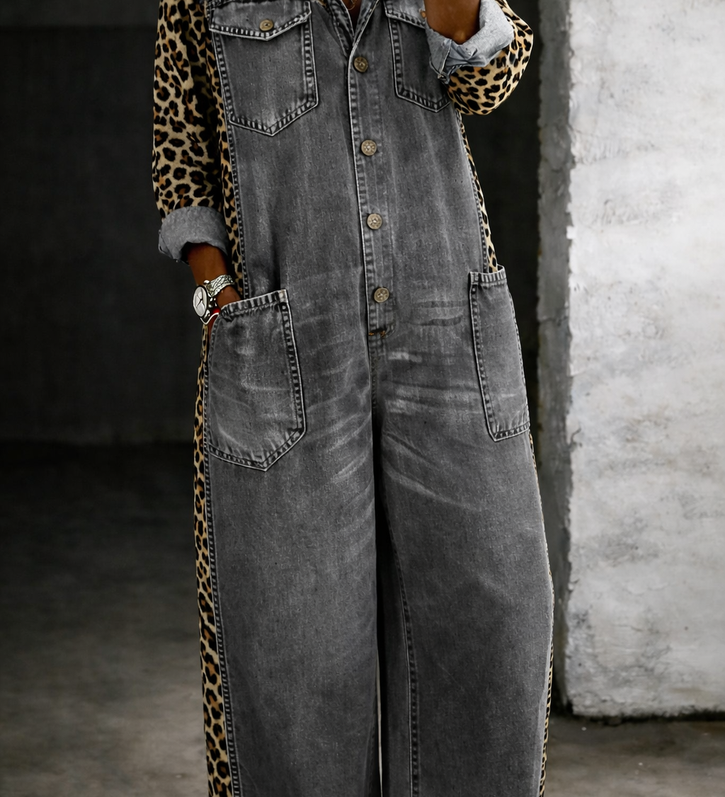 LEOPARD CONTRAST WIDE-LEG DENIM JUMPSUIT