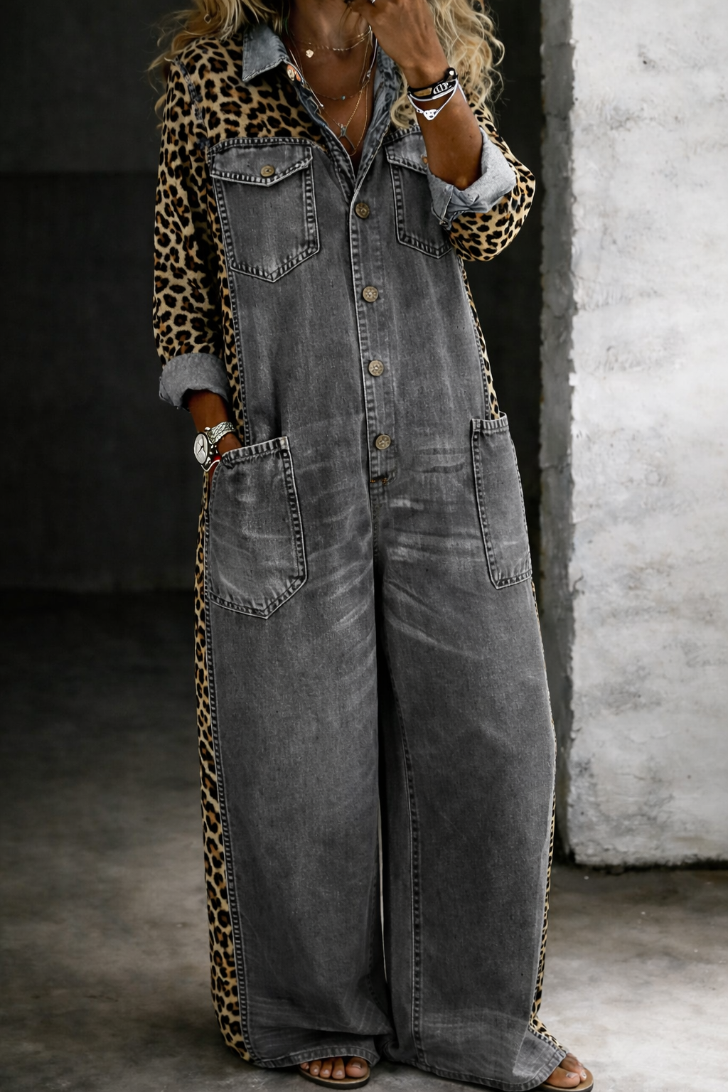 LEOPARD CONTRAST WIDE-LEG DENIM JUMPSUIT