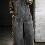 LEOPARD CONTRAST WIDE-LEG DENIM JUMPSUIT