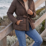 PUFFER JACKET WITH HOOD AND BELT