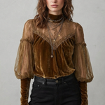 Elayssia – Sheer lace detail – Velvet turtleneck blouse