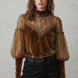 Elayssia – Sheer lace detail – Velvet turtleneck blouse