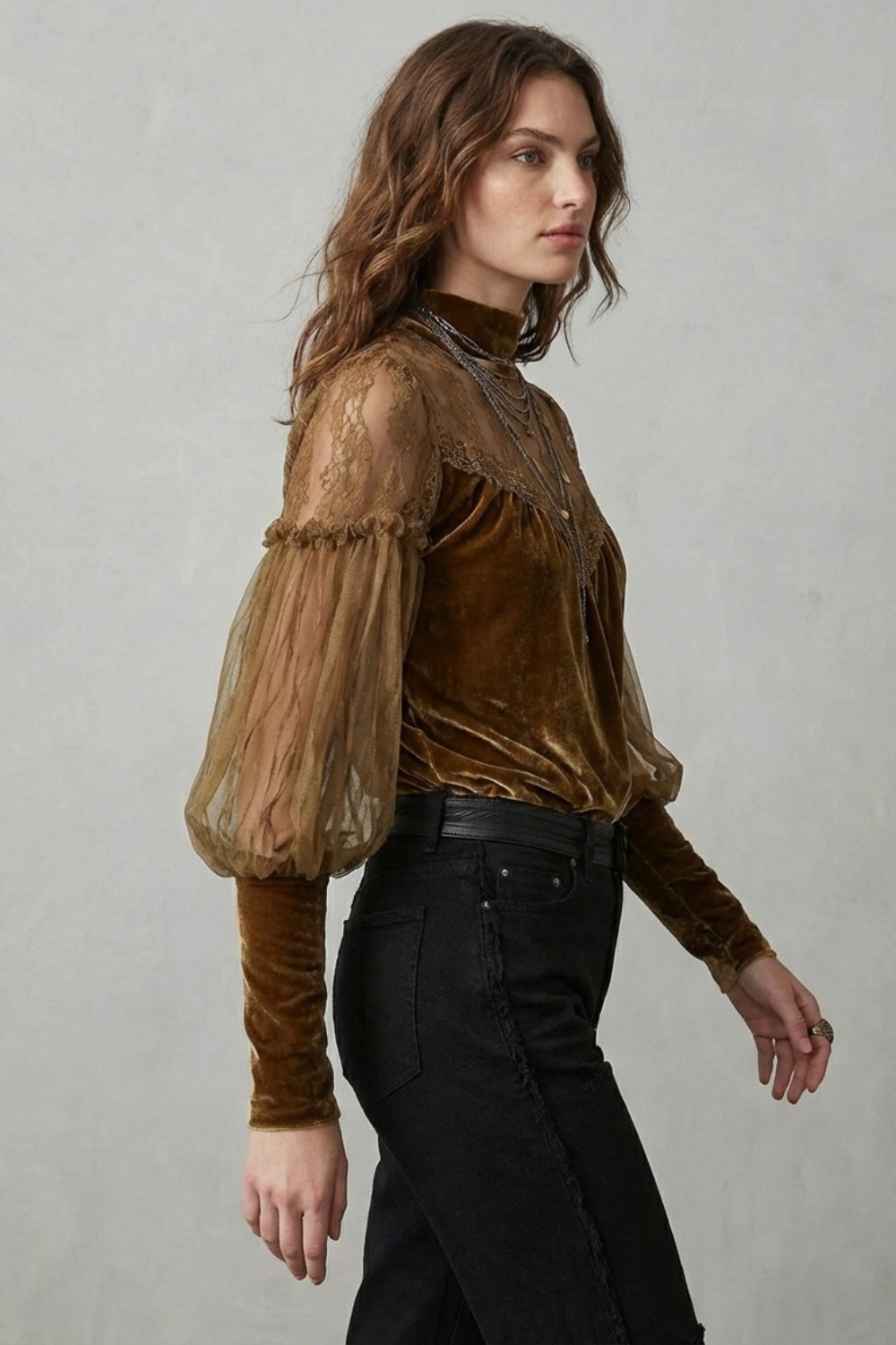 Elayssia – Sheer lace detail – Velvet turtleneck blouse