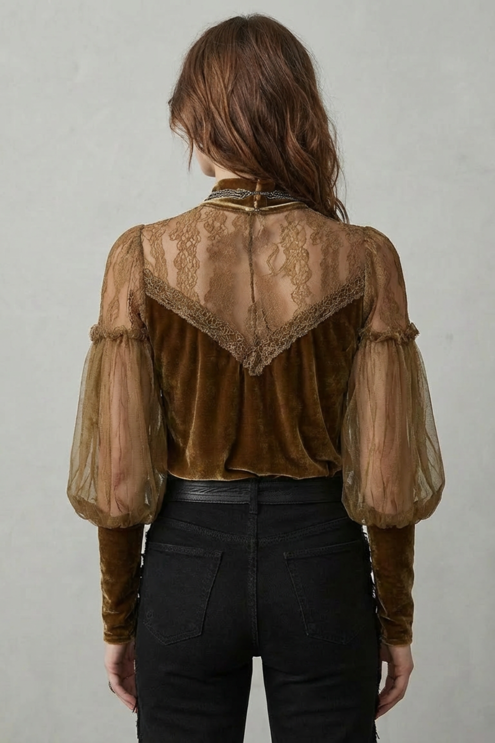 Elayssia – Sheer lace detail – Velvet turtleneck blouse