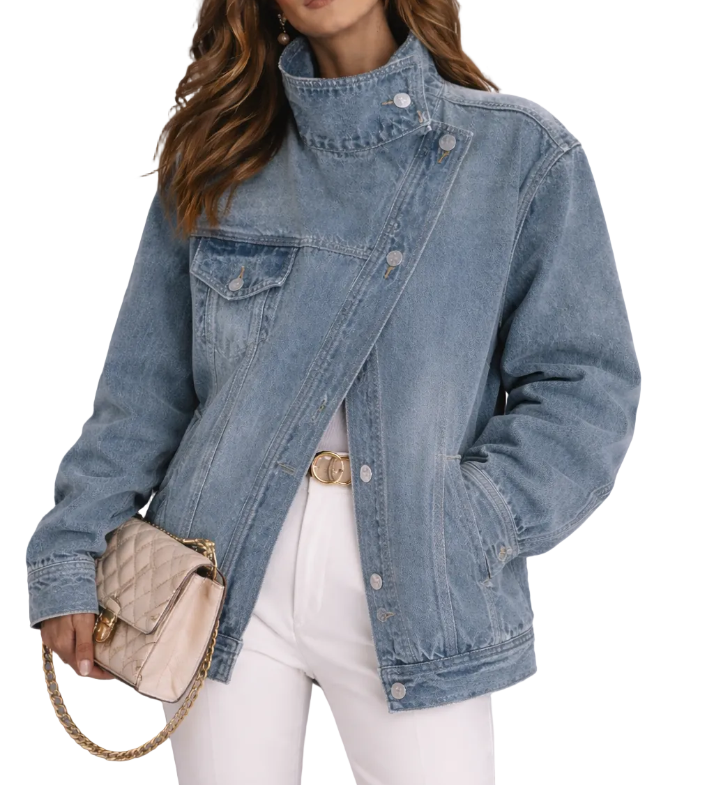 VINTAGE WASHED ASYMMETRIC JACKET WITH HIGH NECK