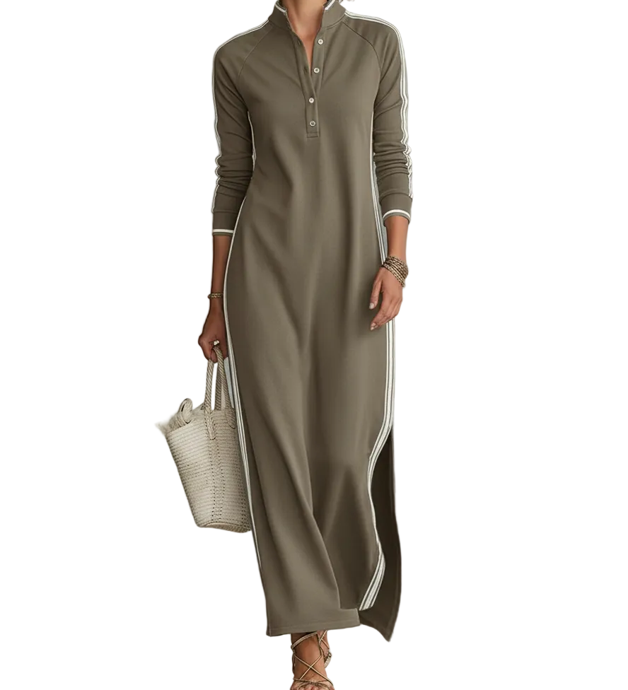 Women's Minimalist White-trimmed Button-down Collar Sweatshirt Dress Maxi Dress MDA0958L0Y