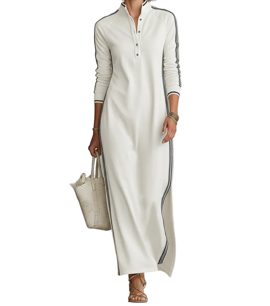 Women's Minimalist White-trimmed Button-down Collar Sweatshirt Dress Maxi Dress MDA0958L0Y