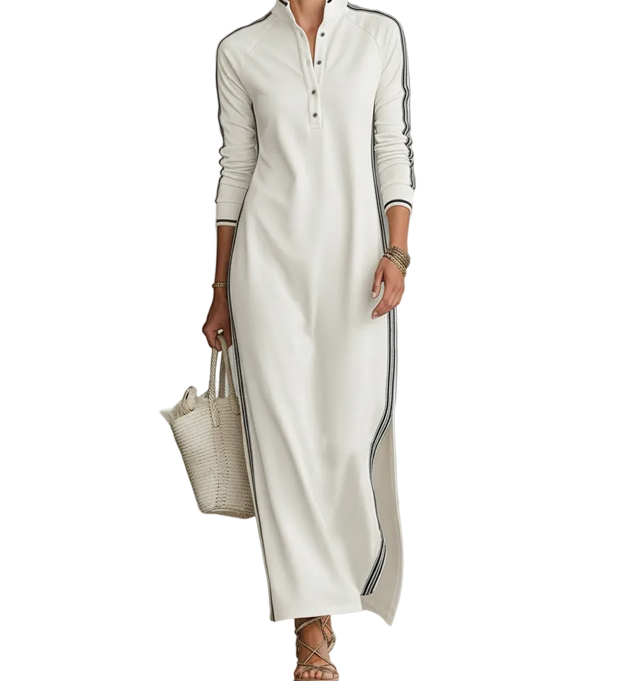 Women's Minimalist White-trimmed Button-down Collar Sweatshirt Dress Maxi Dress MDA0958L0Y