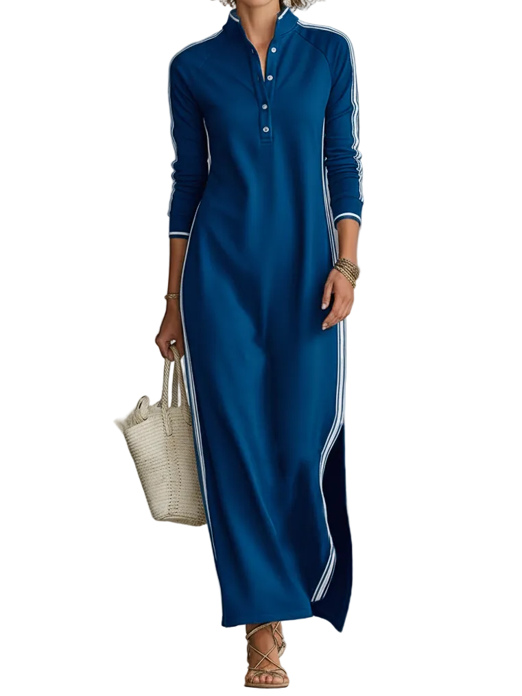 Women's Minimalist White-trimmed Button-down Collar Sweatshirt Dress Maxi Dress MDA0958L0Y