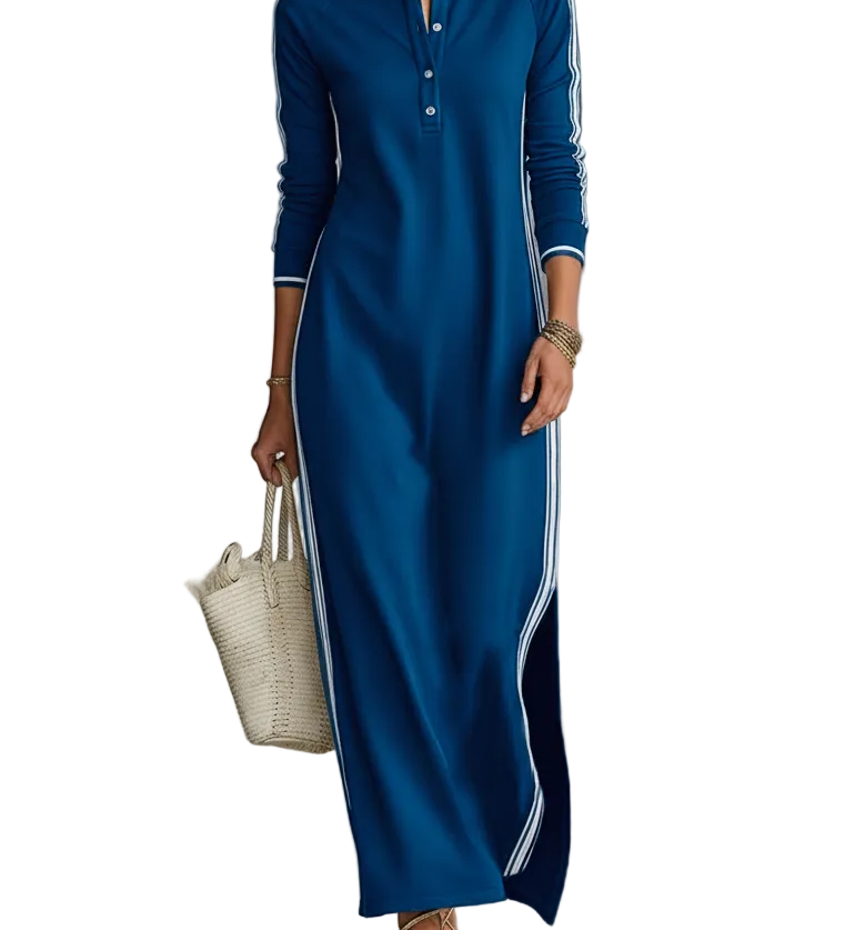 Women's Minimalist White-trimmed Button-down Collar Sweatshirt Dress Maxi Dress MDA0958L0Y