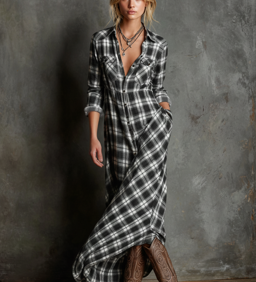 Women's Plaid Lapel Single-Breasted Shirt Maxi Dress MDA1249H1Y