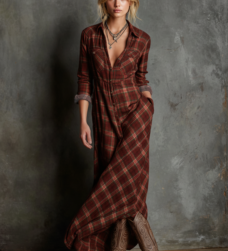 Women's Plaid Lapel Single-Breasted Shirt Maxi Dress MDA1249H1Y