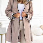 Hooded Plaid Print Long Trench Coat