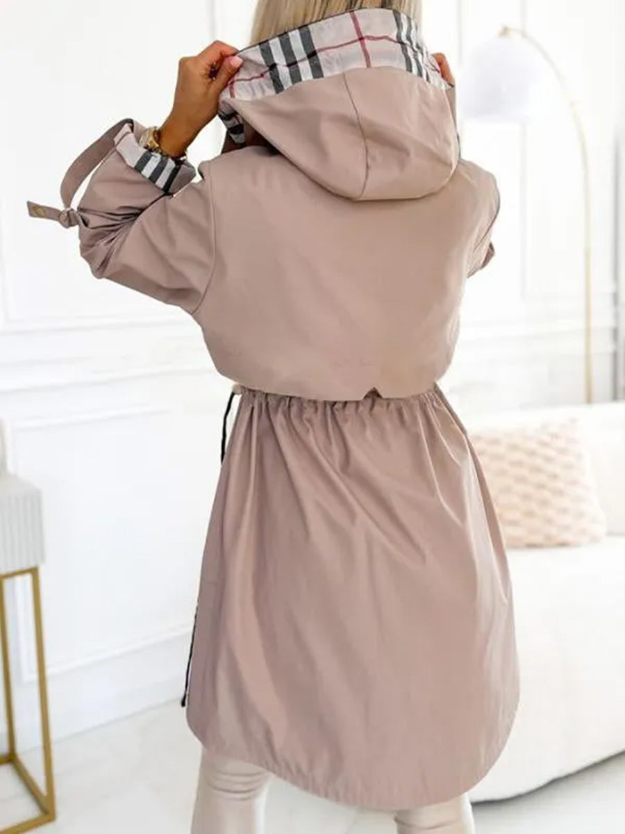 Hooded Plaid Print Long Trench Coat