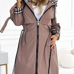 Hooded Plaid Print Long Trench Coat