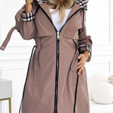 Hooded Plaid Print Long Trench Coat